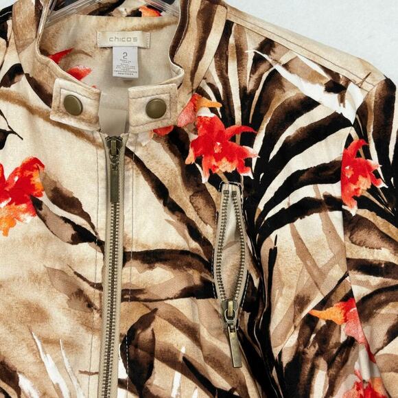 Chico's Blazer Jacket Size L Brown Red Tropical Floral Stretch Lined Full Zip - Picture 4 of 11